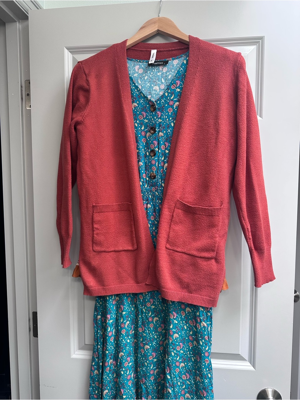 Bundle - Rust open front sweater with teal and rust print midi dress